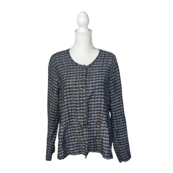 Flax 100% Linen women Button down green stripe long sleeve top - Picture 1 of 5